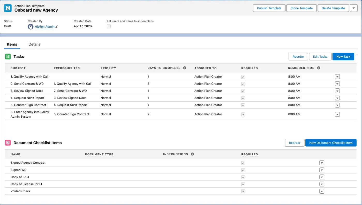 Action Plan template for onboarding a new agency, showing six tasks with prerequisites and a document checklist