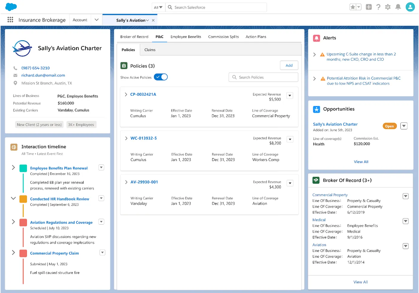 FSC Insurance Brokerage console showing Sally's Aviation Charter with P&C policies, Interaction Timeline, Alerts, and Broker of Record panel