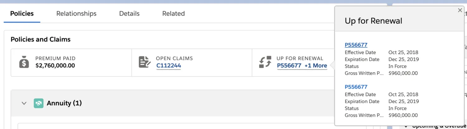 Financial Services Cloud for Insurance record page with policy hover details