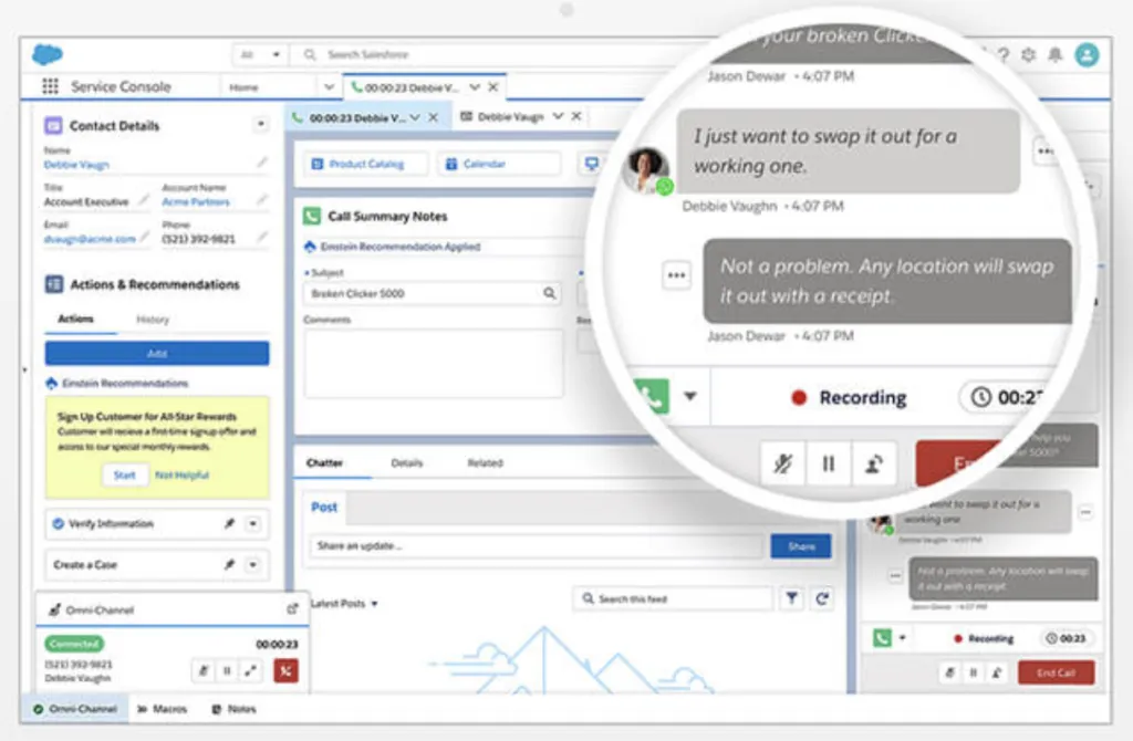 Service Cloud Voice transcribing a call in real time with suggested replies