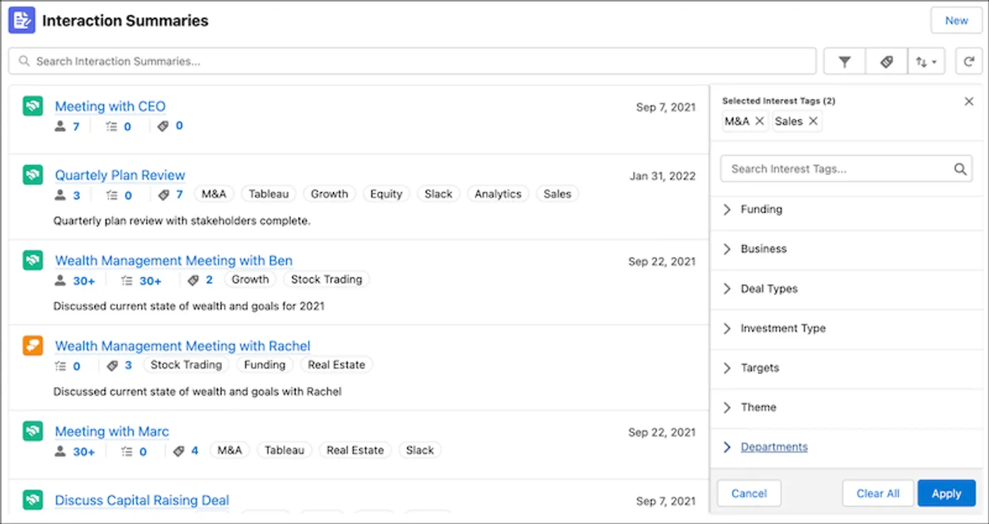 Interaction Summaries list view showing searchable meetings with attendee counts, interest tags, and filter panel