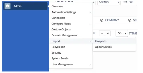 Pardot prospect import screen showing the admin navigation menu
